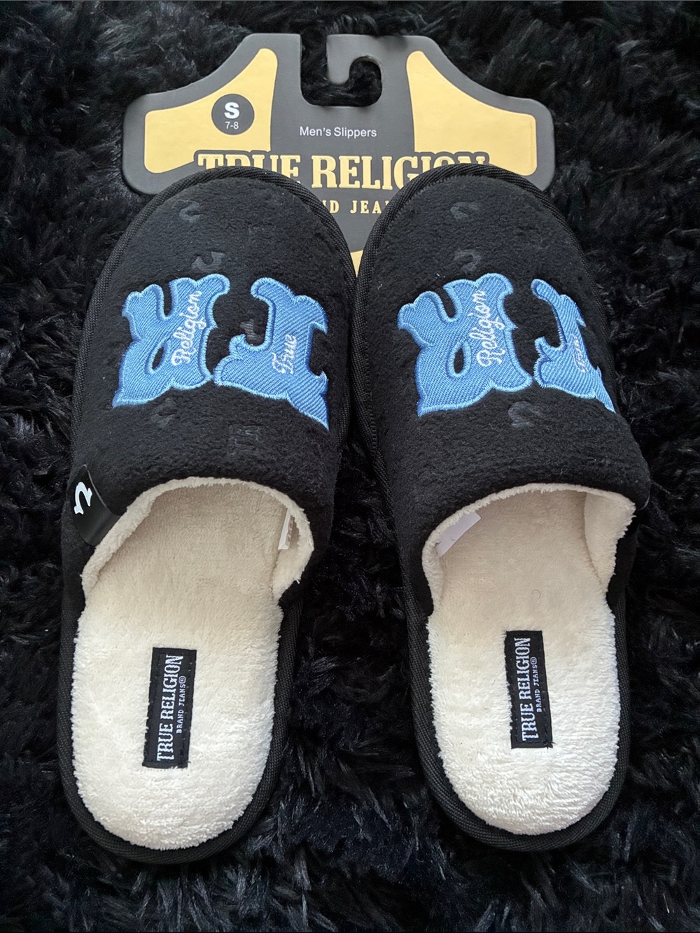True Religion Black and Light Blue Men's Slip-On Slippers